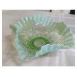 Northwood opalescent green ruffled bowl