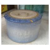 Blue glazed butter crock with Native American