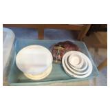 Tote of correlle and various kitchen items