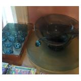 Huge Art glass punch bowl with 14 cups bowl is