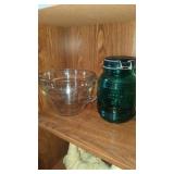 Water and green glass cookie jar and large