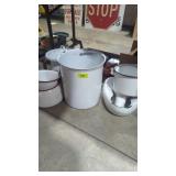 Enamelware pail with lid, coffee pot, bedpan, etc