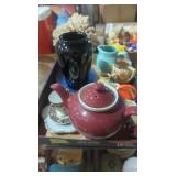 Tray lot ebony glass porcelain creamers teacups