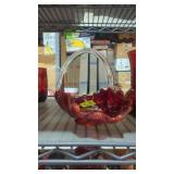 Ruby red glass basket 7 1/2 in by 6 1/2 in