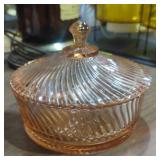 Pink depression glass candy bowl with lid 6 in
