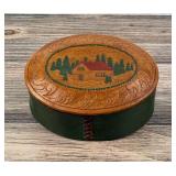 Folk Art Tooled Leather Log Cabin Box