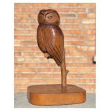 Folk Art Carved Wood Owl on Perch