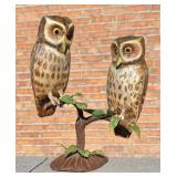 Folk Art Carved Wood Perched Owls