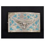 Sterling Turquoise Inlaid Cowboy Belt Buckle