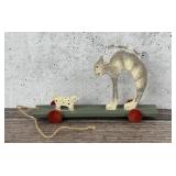 Folk Art Carved Wood Cat and Dog Pull Toy