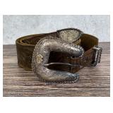 Sterling Silver Cowboy Tooled Leather Belt Buckle