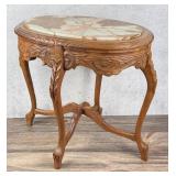 French Marble Top Carved Wood Side Table