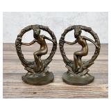 Art Nouveau Nude in Wreath Cast Iron Bookends