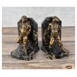 Art Deco Bronze & Marble Reclining Boy Bookends