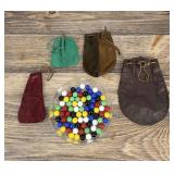 Group Of Antique Marbles & Leather Sacks