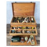 Antique Wood Fishing Tackle Box & Contents