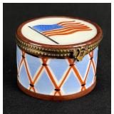 Limoges Peint Main Porcelain Trinket Box Drum Flag