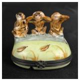 Limoges Peint Main Porcelain Trinket Box Monkeys