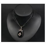 Navajo Sterling Onyx Flower Pendant Necklace