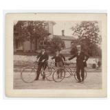 Men on Wood Rim Bicycles Cabinet Photo