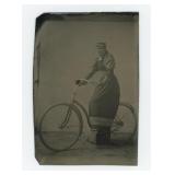 Woman Riding Wood Rim Bicycle Tintype Photo