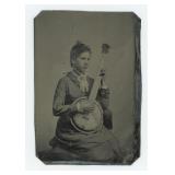 Occupational Female Banjo Player Tintype Photo