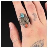 Navajo Sterling Silver Turquoise Coral Ring