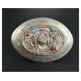 Navajo Nickel Silver Turquoise Coral Belt Buckle