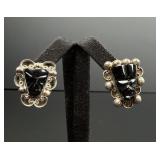 Taxco Mexico Sterling Silver Aztec Onyx Earrings