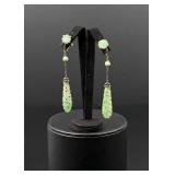 Chinese Sterling Silver Carved Jade Earrings