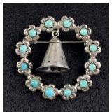 Zuni Sterling Silver Turquoise Mission Bell Brooch