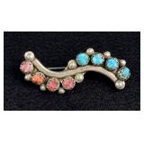 Zuni Sterling Silver Turquoise Coral Brooch