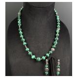 Sterling Silver Malachite Bead Necklace Earrings