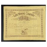 Lion Mining Company Montana Stock Certificate