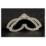 Sterling Silver Onyx Marcasite Brooch