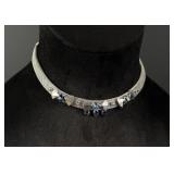 Leo Glass Blue Rhinestone Mesh Choker Necklace