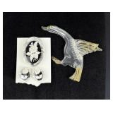 Lucite Flying Duck and Flower Brooches