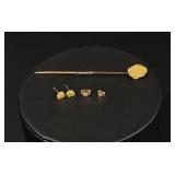 22K Gold Stick Pin and Earrings