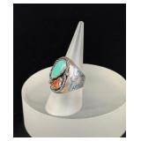 Navajo Sterling Silver Turquoise Coral T Bird Ring