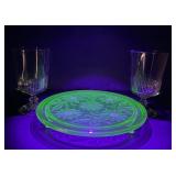Uranium Glass Sunflower Cake Plate and Goblets