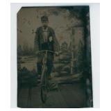 Wood Rim Carbide Lamp Bicycle Tintype Photo