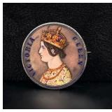 Queen Victoria Enamel India 1862 Rupee Coin Brooch