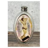 Antique Label Under Glass Risque Whiskey Flask