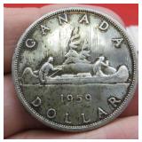 1959 Canada Silver One Dollar Canoe Coin OLD