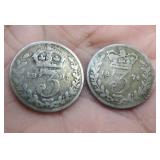 1897 & 1874 Great Britain 3 Pence Silver Coins OLD