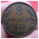 1834 Guernsey 8 Doubles Antique Copper Coin OLD