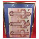 1986 Canada 3 Uncut Two Dollar Bills Last Run Note