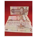 1986 Canada Lot 5 Two Dollar Bank Note Bills NICE