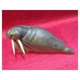 Vintage Inuit Walrus Signed Carving Arctic Stone