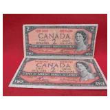 1954 Canada Lot 2 Two Dollar Bank Note Bills